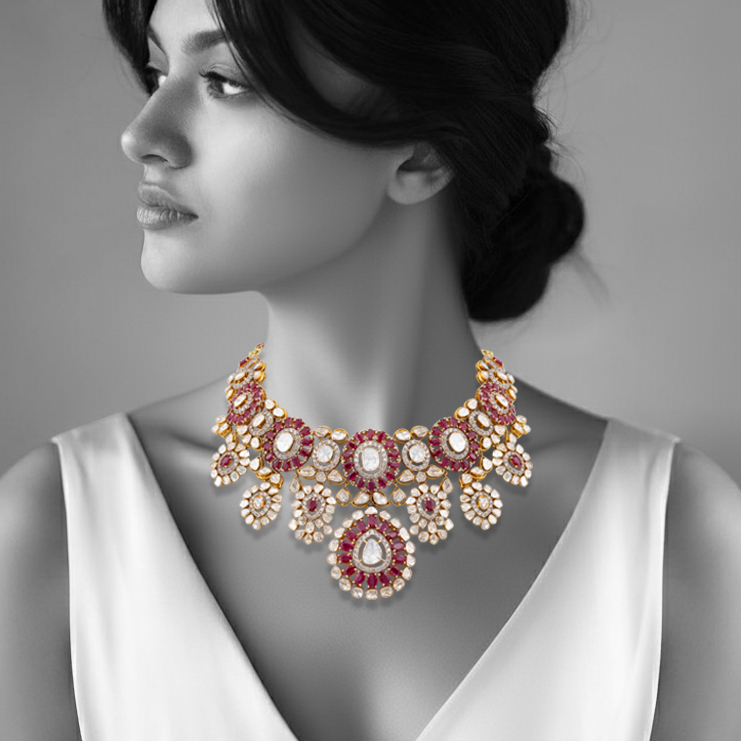 Ruby and Polki Floral Necklace with Diamond Accents